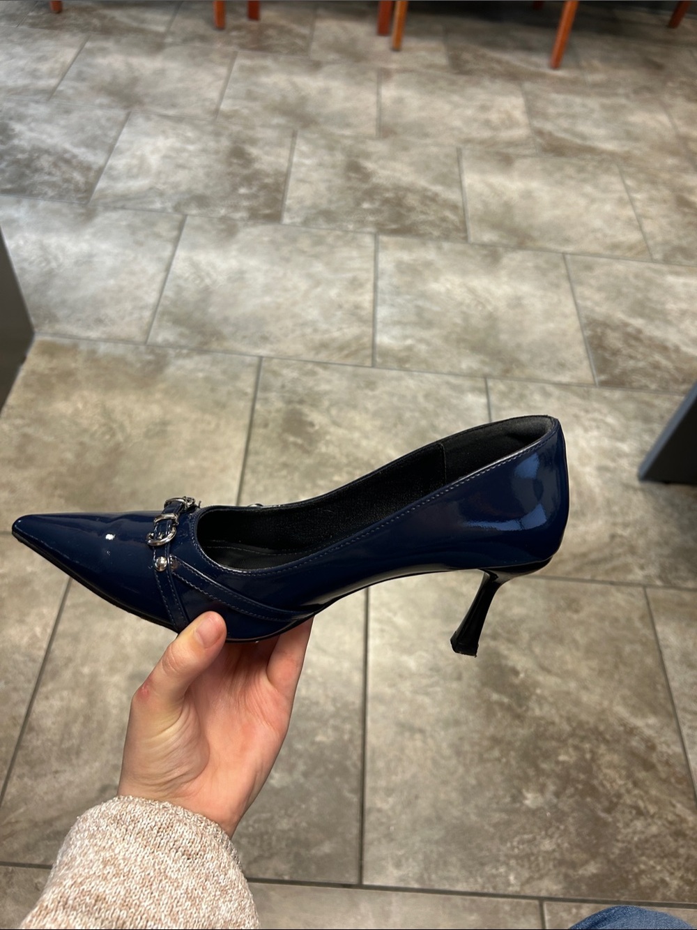Classic Navy Patent Pointed-Toe Kitten Heel Pumps